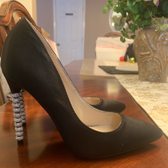 JACOBIES Woman's Pump Heels “DORSA “-  Black Satin  With Christals on heels. - Picture 3 of 15